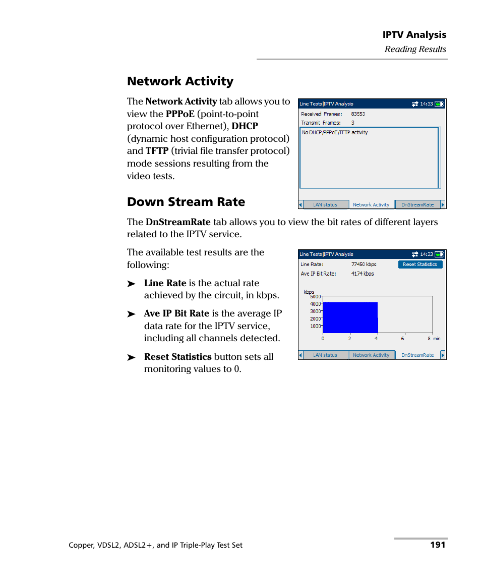 Network activity, Down stream rate | EXFO VDSL2 User Manual | Page 199 / 267