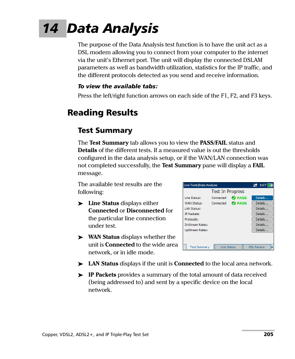 14 data analysis, Reading results, Test summary | EXFO VDSL2 User Manual | Page 213 / 267