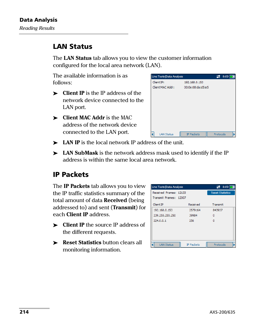 Lan status, Ip packets | EXFO VDSL2 User Manual | Page 222 / 267