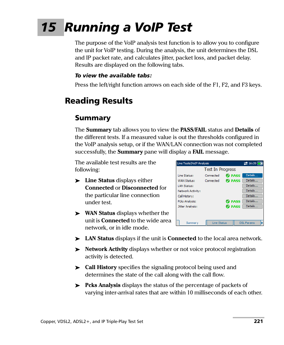 15 running a voip test, Reading results, Summary | EXFO VDSL2 User Manual | Page 229 / 267
