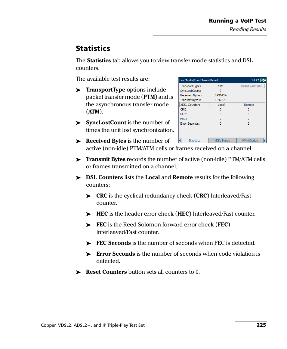Statistics | EXFO VDSL2 User Manual | Page 233 / 267