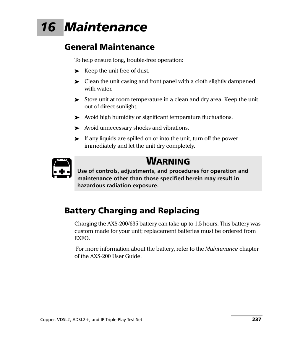 16 maintenance, General maintenance, Battery charging and replacing | General maintenance battery charging and replacing, Arning | EXFO VDSL2 User Manual | Page 245 / 267