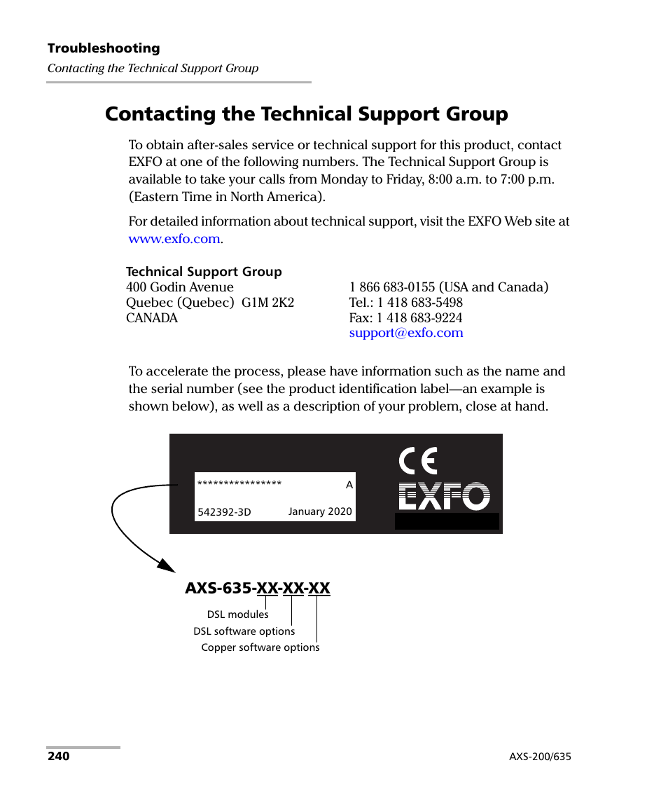 Contacting the technical support group, Axs-635-xx-xx-xx | EXFO VDSL2 User Manual | Page 248 / 267