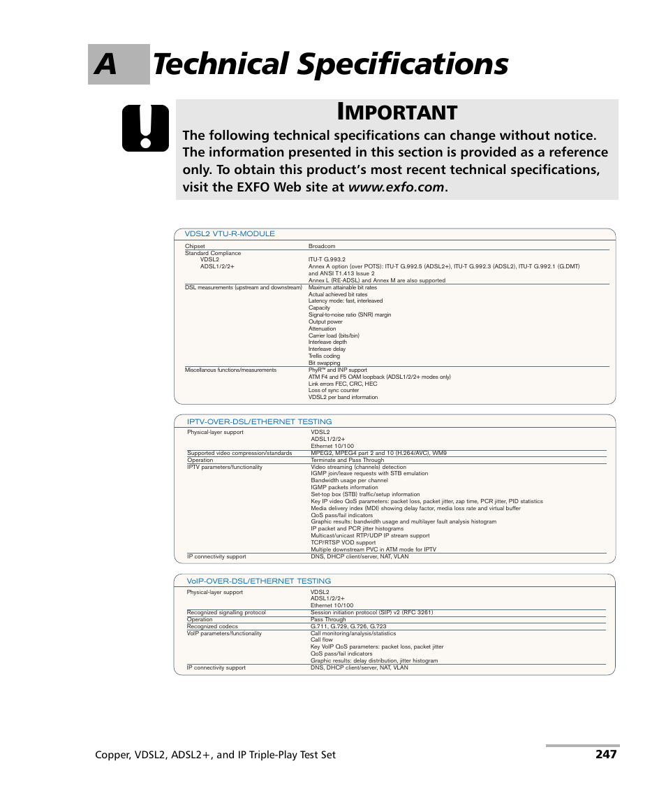 A technical specifications, Mportant, Copper, vdsl2, adsl2+, and ip triple-play test set | EXFO VDSL2 User Manual | Page 255 / 267