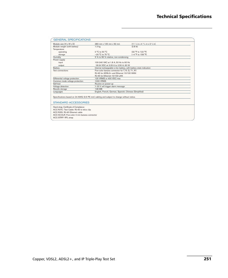 Technical specifications, Copper, vdsl2, adsl2+, and ip triple-play test set | EXFO VDSL2 User Manual | Page 259 / 267