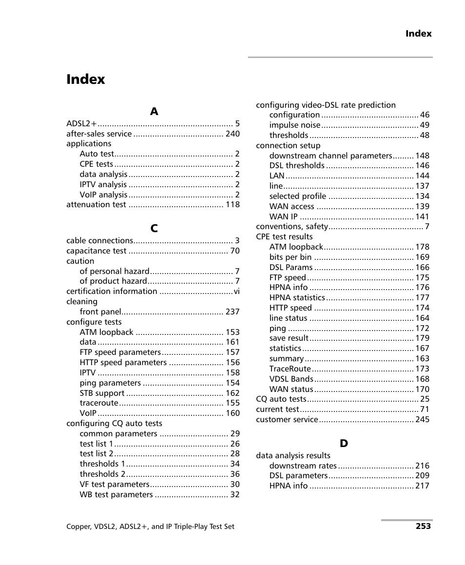 Index | EXFO VDSL2 User Manual | Page 261 / 267