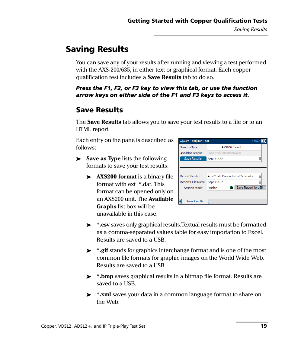 Saving results, Save results | EXFO VDSL2 User Manual | Page 27 / 267
