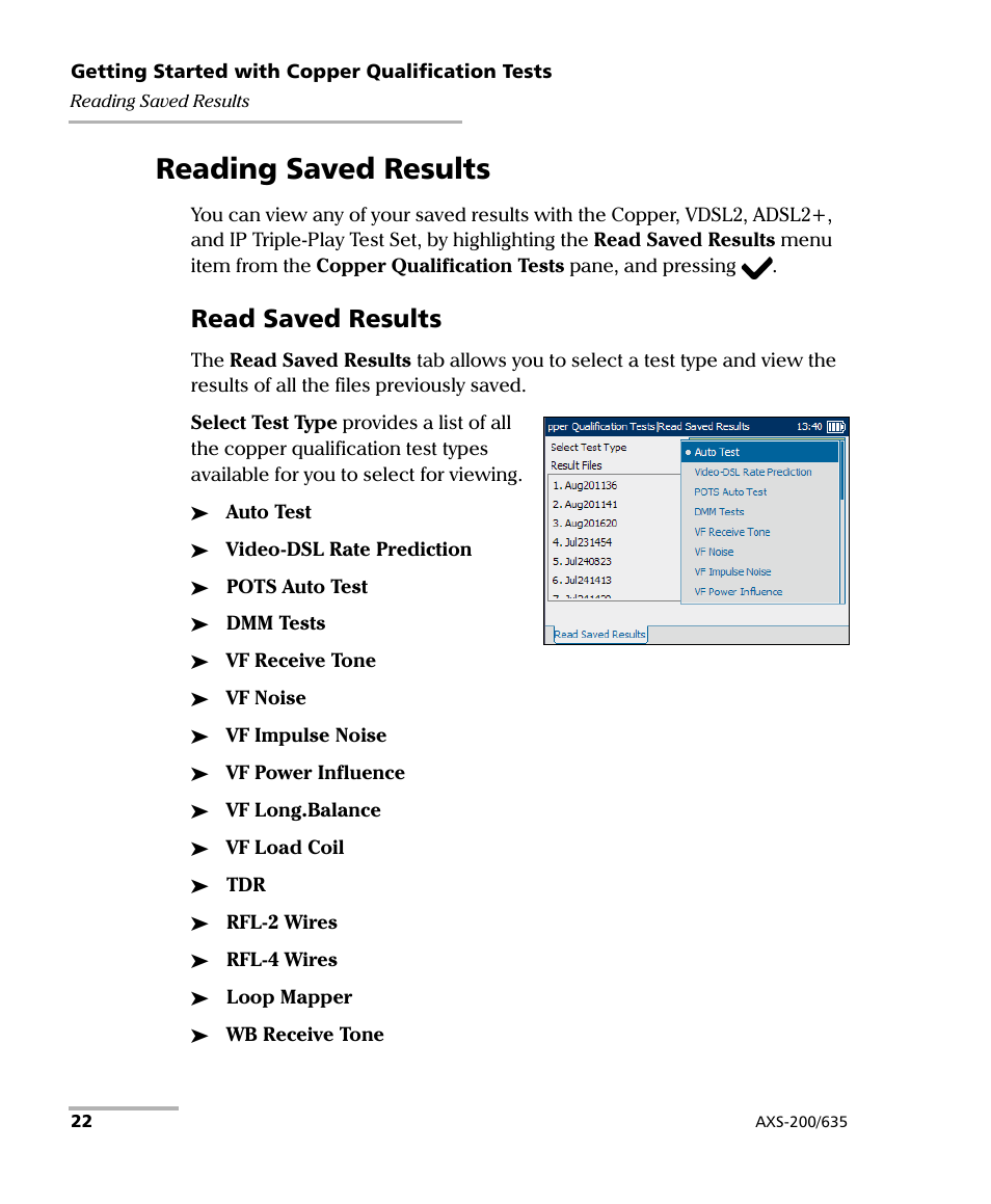 Reading saved results, Read saved results | EXFO VDSL2 User Manual | Page 30 / 267