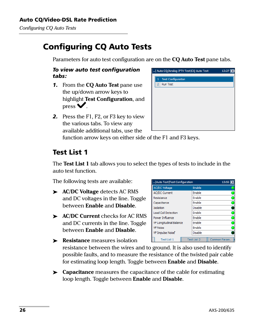 Configuring cq auto tests, Test list 1 | EXFO VDSL2 User Manual | Page 34 / 267