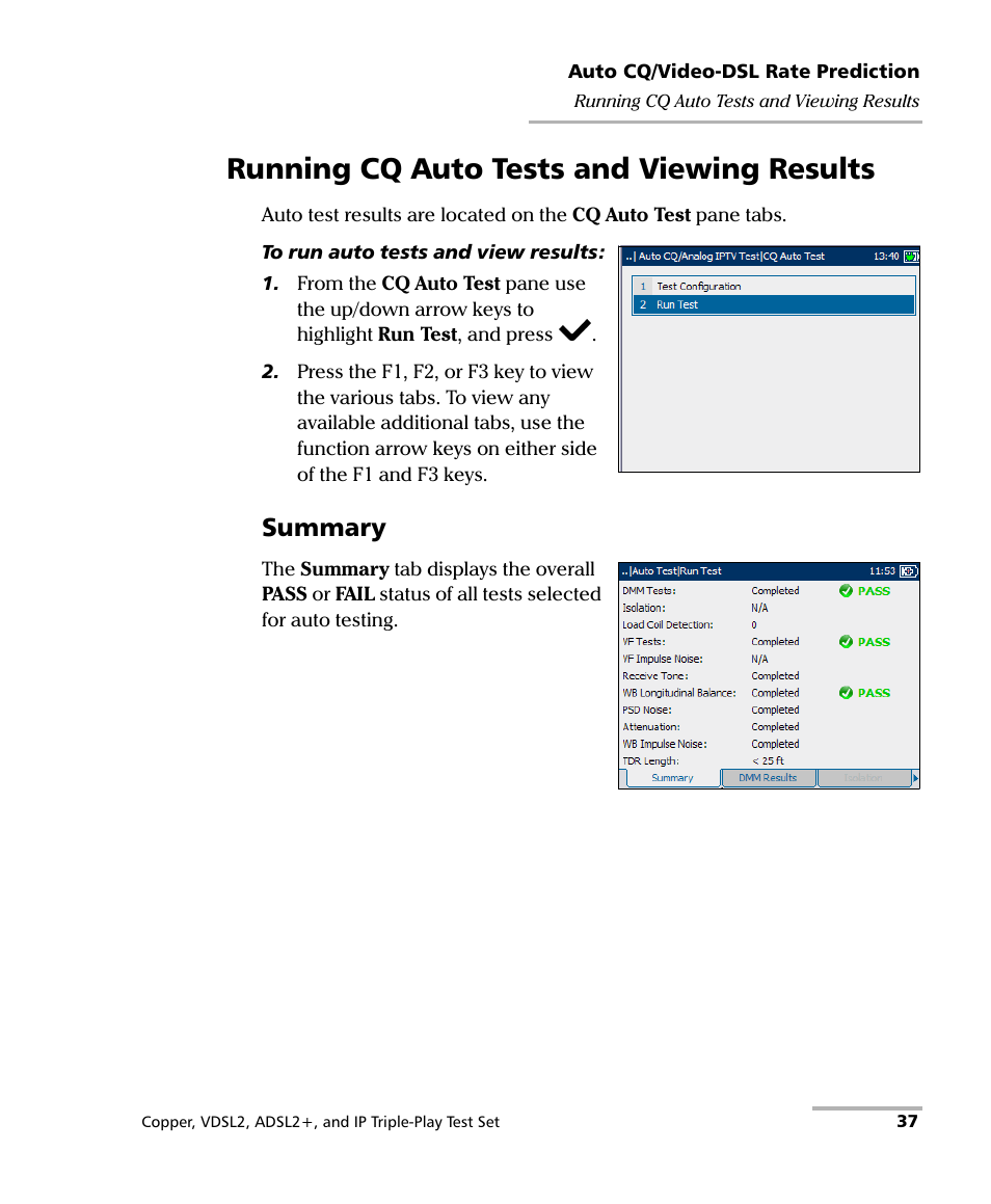 Running cq auto tests and viewing results, Summary | EXFO VDSL2 User Manual | Page 45 / 267