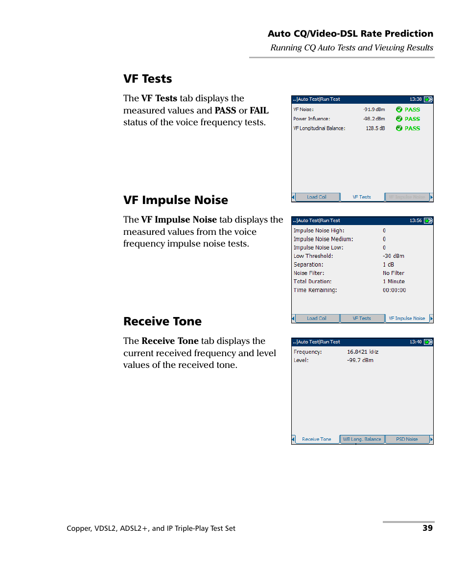 Vf tests, Vf impulse noise, Receive tone | EXFO VDSL2 User Manual | Page 47 / 267