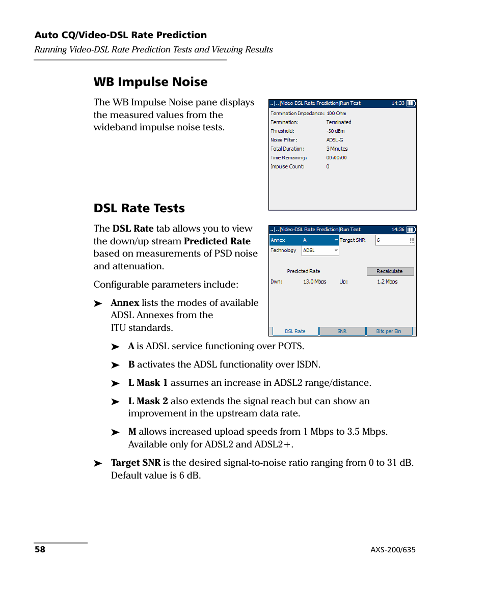 Wb impulse noise, Dsl rate tests | EXFO VDSL2 User Manual | Page 66 / 267