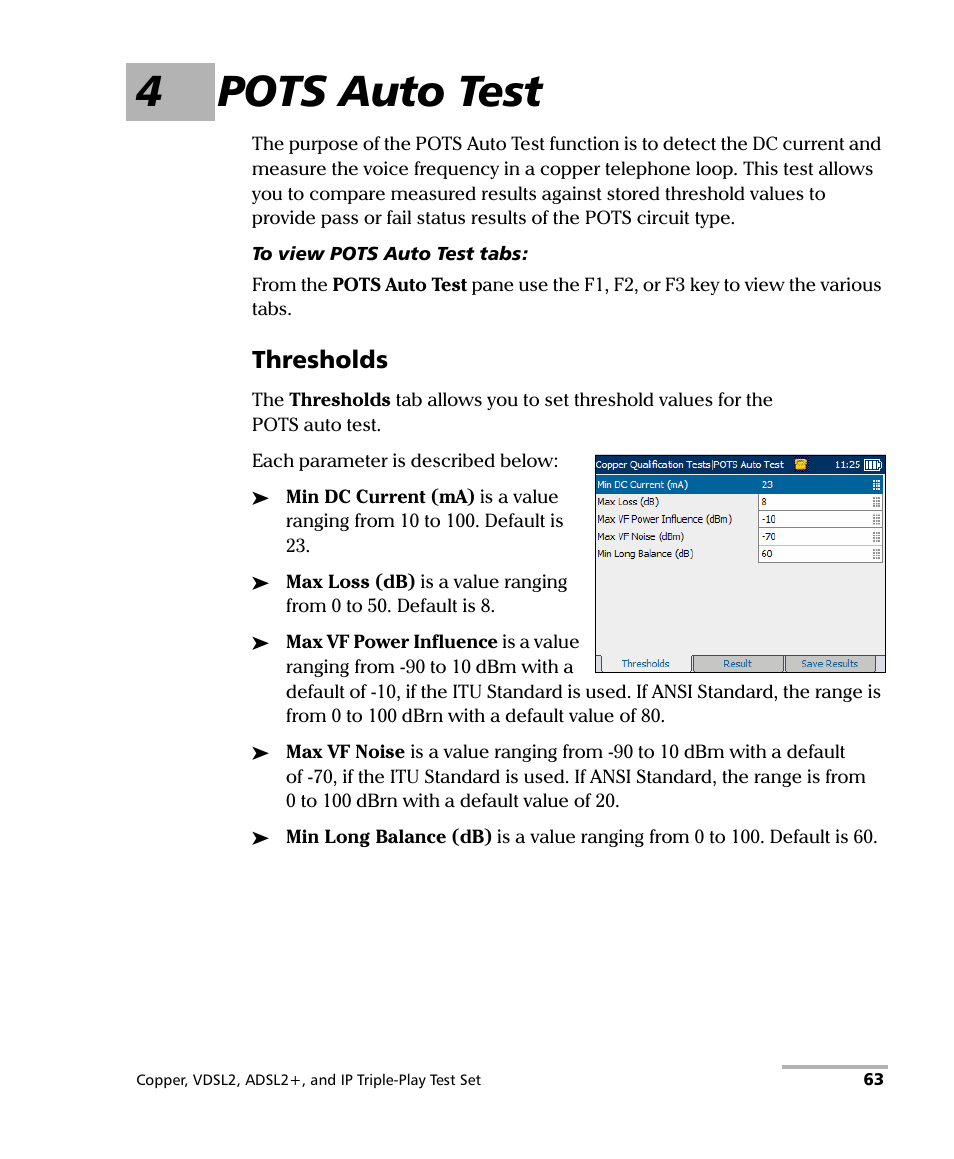 4 pots auto test, 4pots auto test, Thresholds | EXFO VDSL2 User Manual | Page 71 / 267
