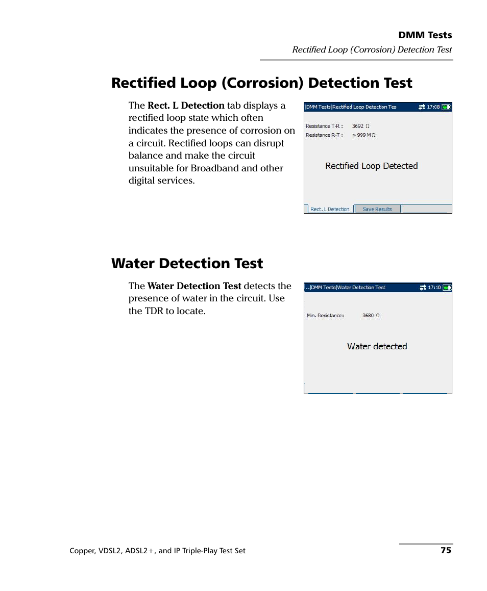 Rectified loop (corrosion) detection test, Water detection test | EXFO VDSL2 User Manual | Page 83 / 267