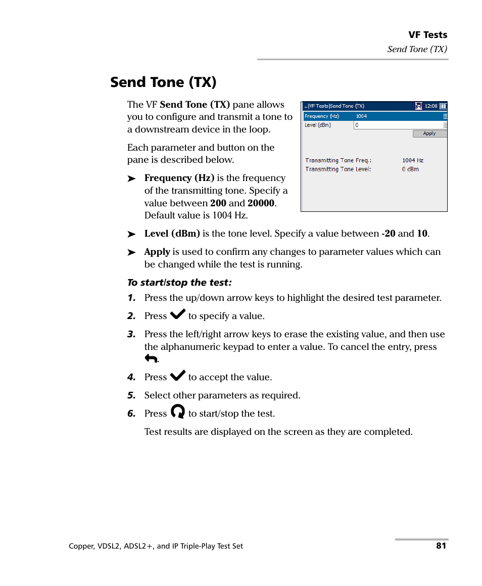 Send tone (tx) | EXFO VDSL2 User Manual | Page 89 / 267