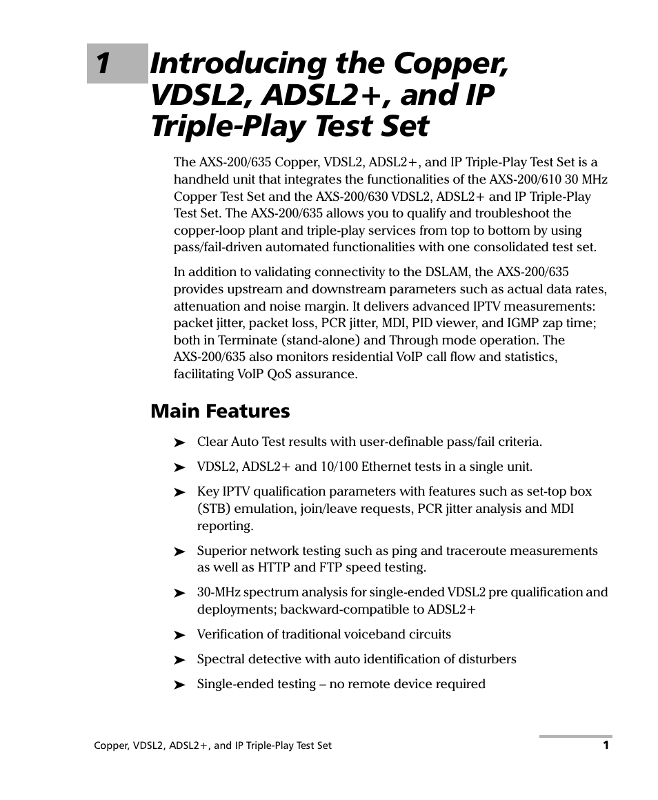 Main features | EXFO VDSL2 User Manual | Page 9 / 267
