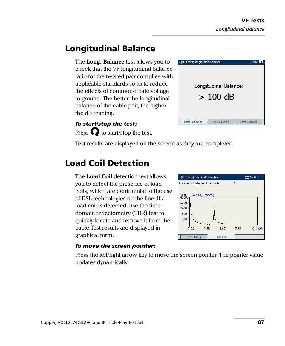 Longitudinal balance, Load coil detection, Longitudinal balance load coil detection | EXFO VDSL2 User Manual | Page 95 / 267