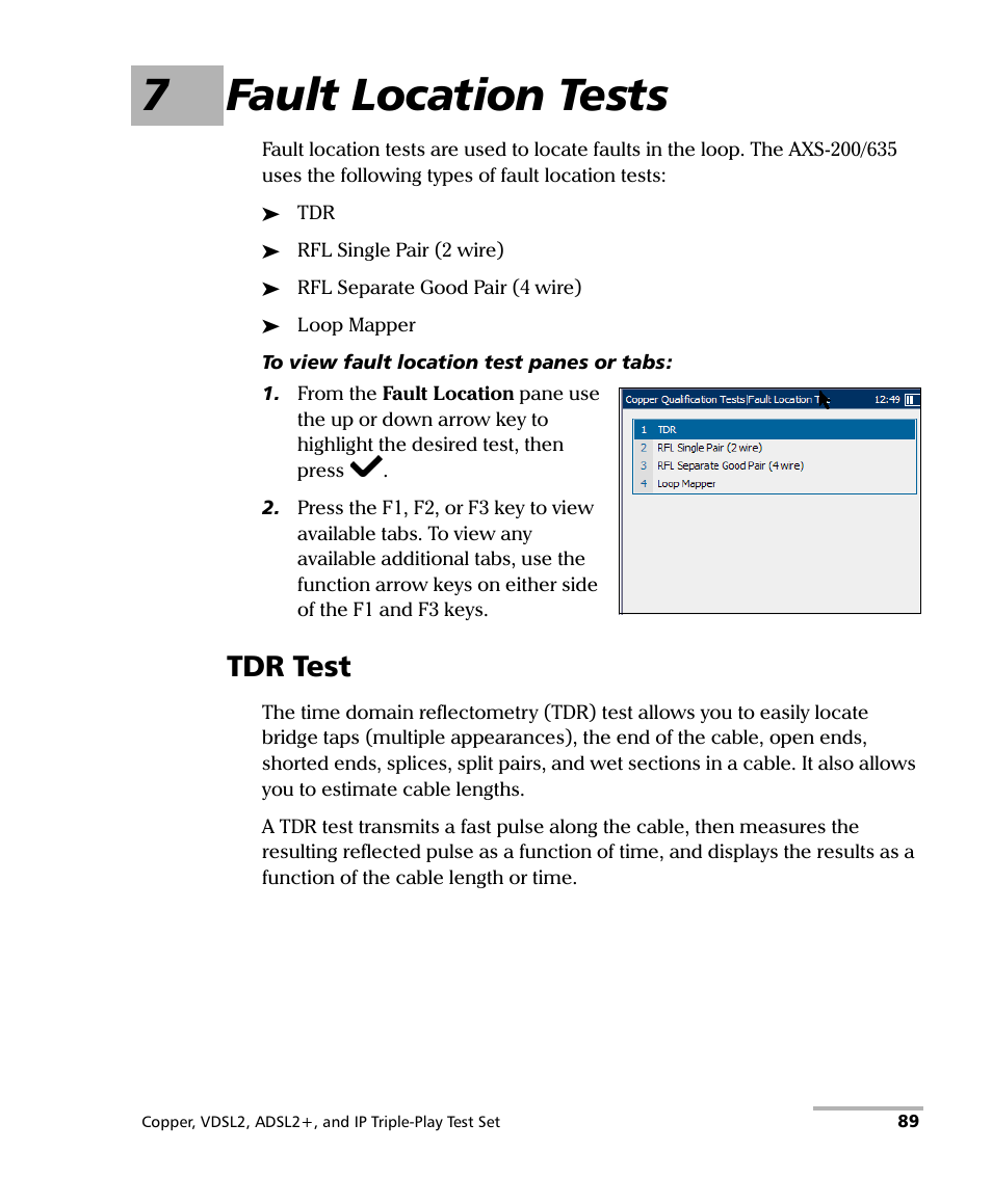 7 fault location tests, Tdr test, 7fault location tests | EXFO VDSL2 User Manual | Page 97 / 267