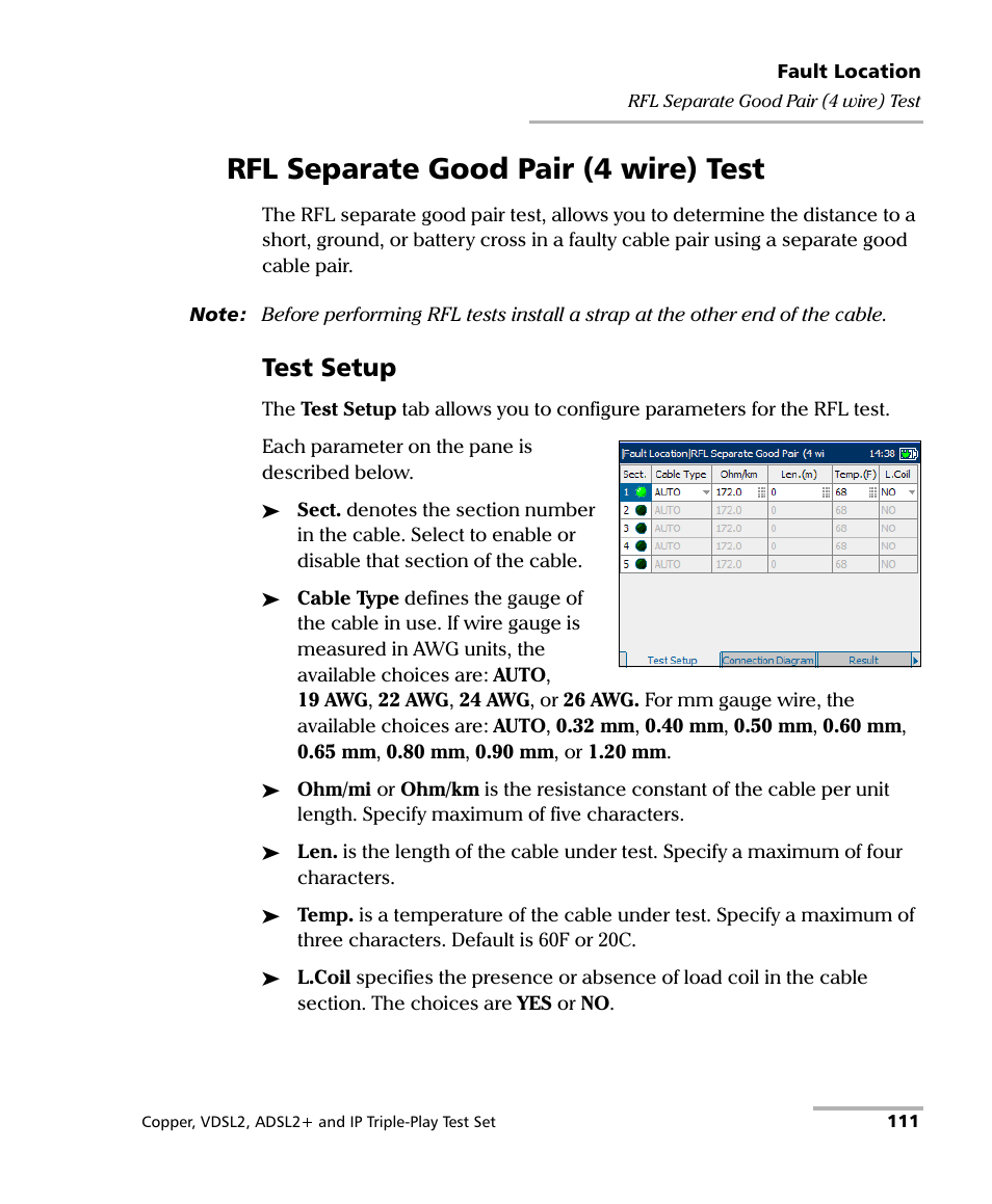 Rfl separate good pair (4 wire) test, Test setup | EXFO VDSL2 User Manual | Page 119 / 275