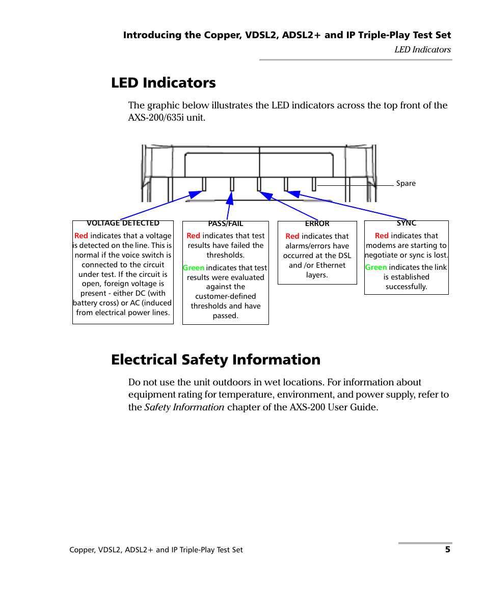 Led indicators, Electrical safety information, Led indicators electrical safety information | EXFO VDSL2 User Manual | Page 13 / 275