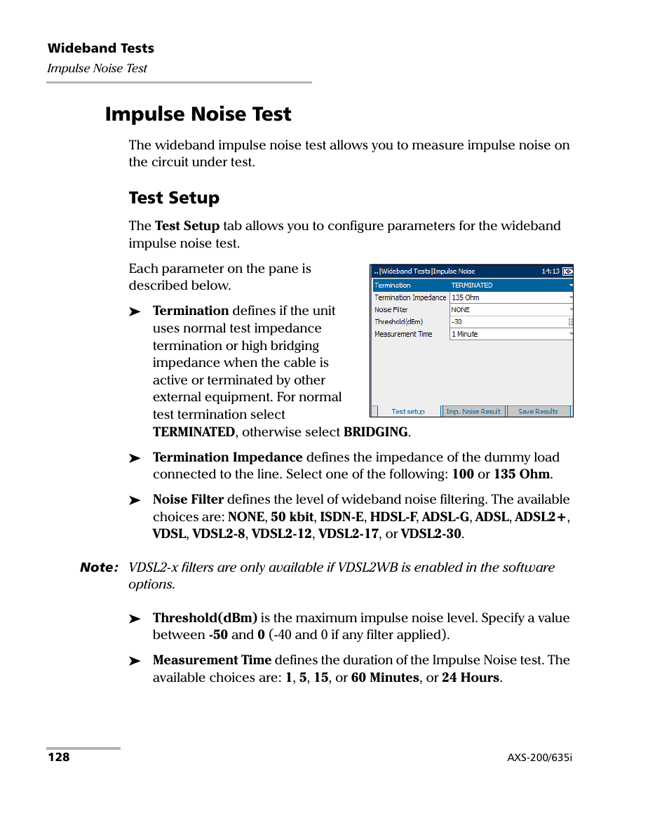 Impulse noise test, Test setup | EXFO VDSL2 User Manual | Page 136 / 275