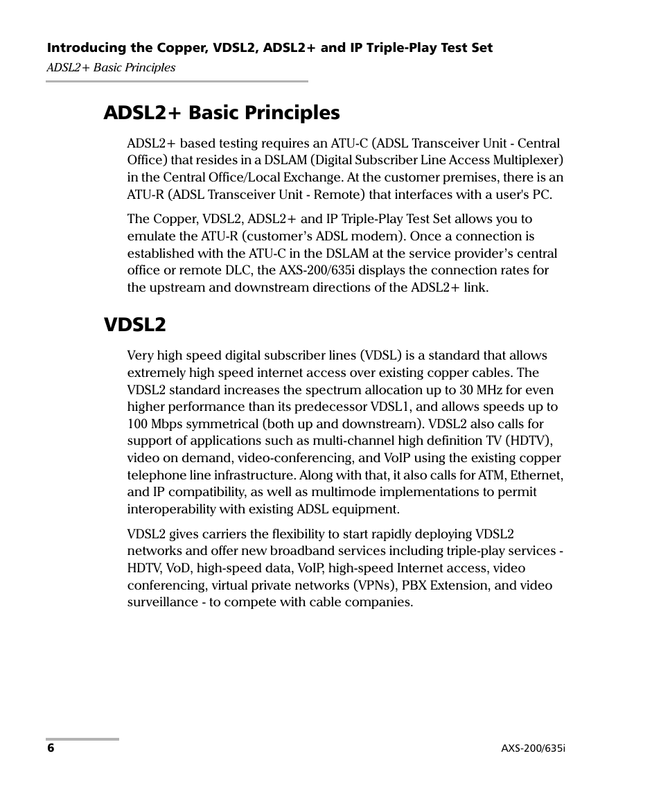 Adsl2+ basic principles, Vdsl2, Adsl2+ basic principles vdsl2 | EXFO VDSL2 User Manual | Page 14 / 275