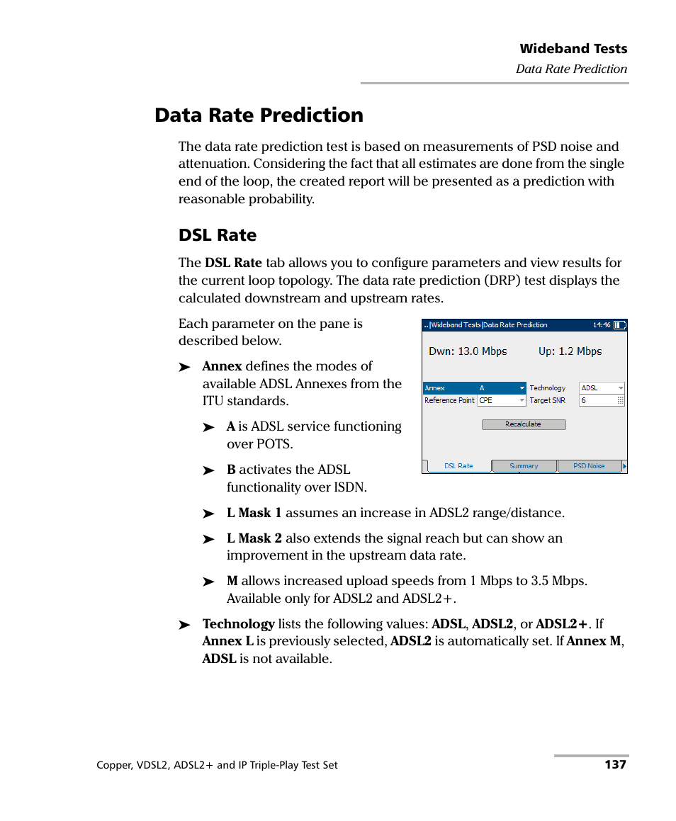 Data rate prediction, Dsl rate | EXFO VDSL2 User Manual | Page 145 / 275