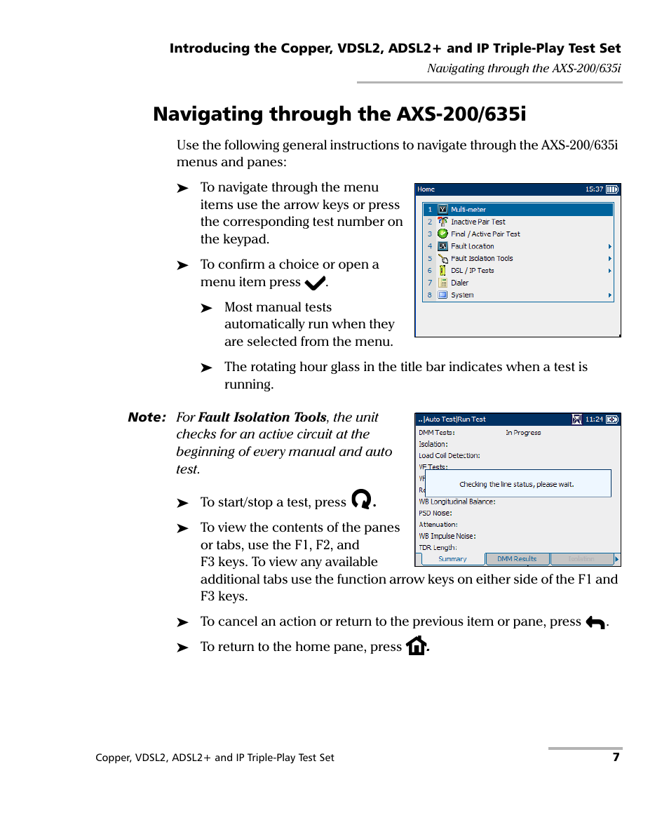 Navigating through the axs-200/635i | EXFO VDSL2 User Manual | Page 15 / 275