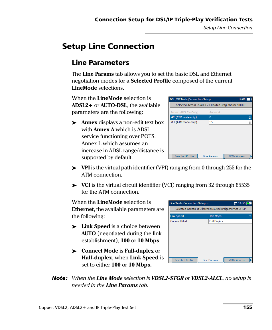 Setup line connection, Line parameters | EXFO VDSL2 User Manual | Page 163 / 275