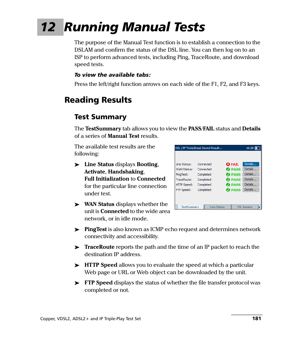 12 running manual tests, Reading results, Test summary | EXFO VDSL2 User Manual | Page 189 / 275