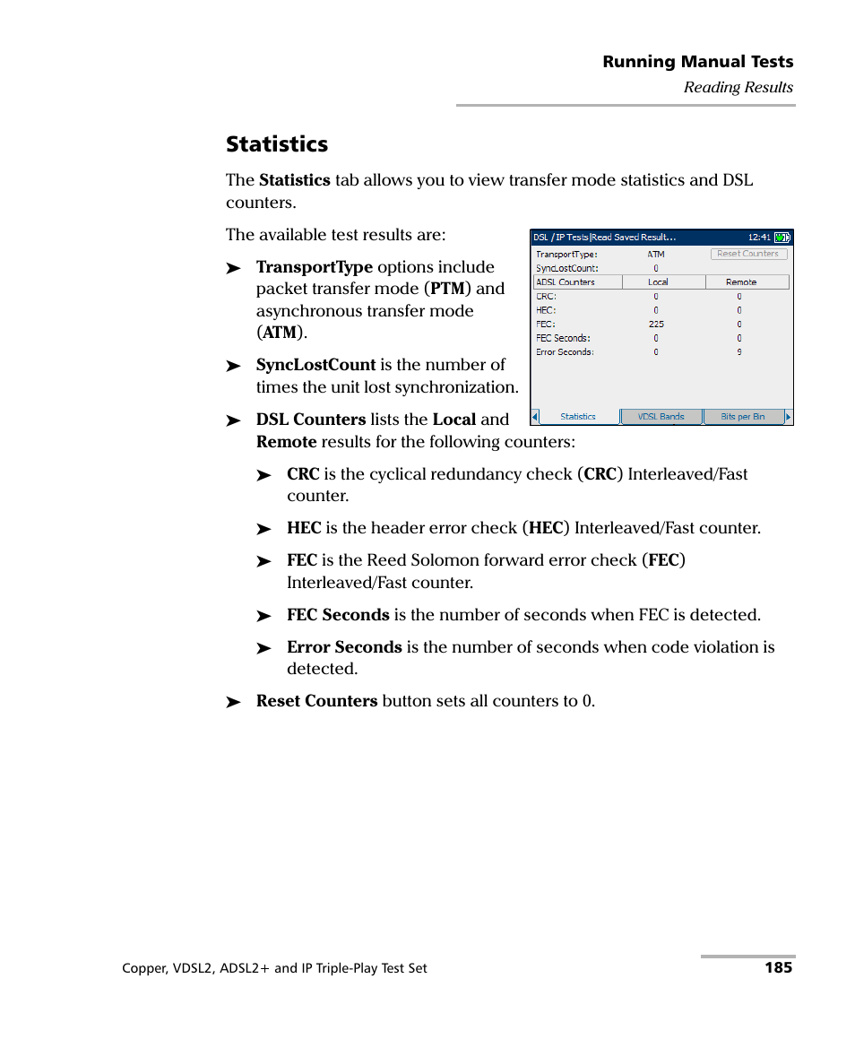 Statistics | EXFO VDSL2 User Manual | Page 193 / 275