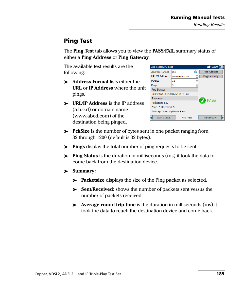 Ping test | EXFO VDSL2 User Manual | Page 197 / 275