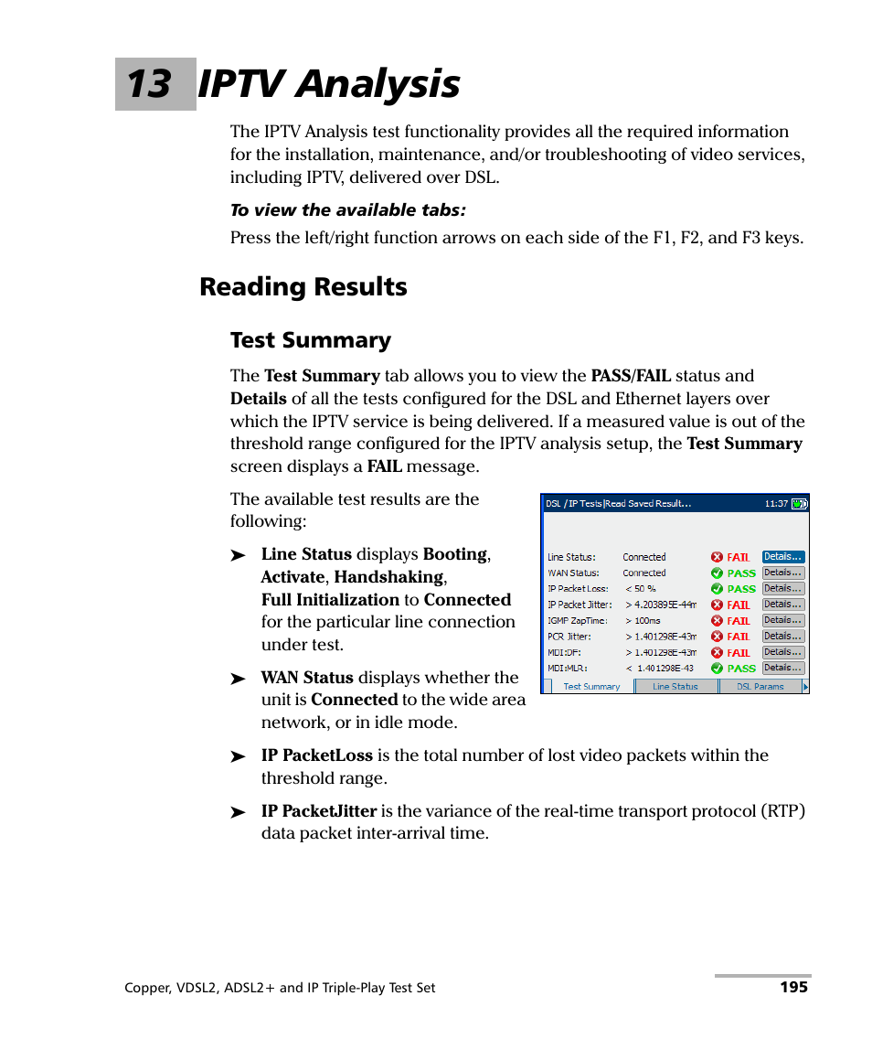 13 iptv analysis, Reading results, Test summary | EXFO VDSL2 User Manual | Page 203 / 275