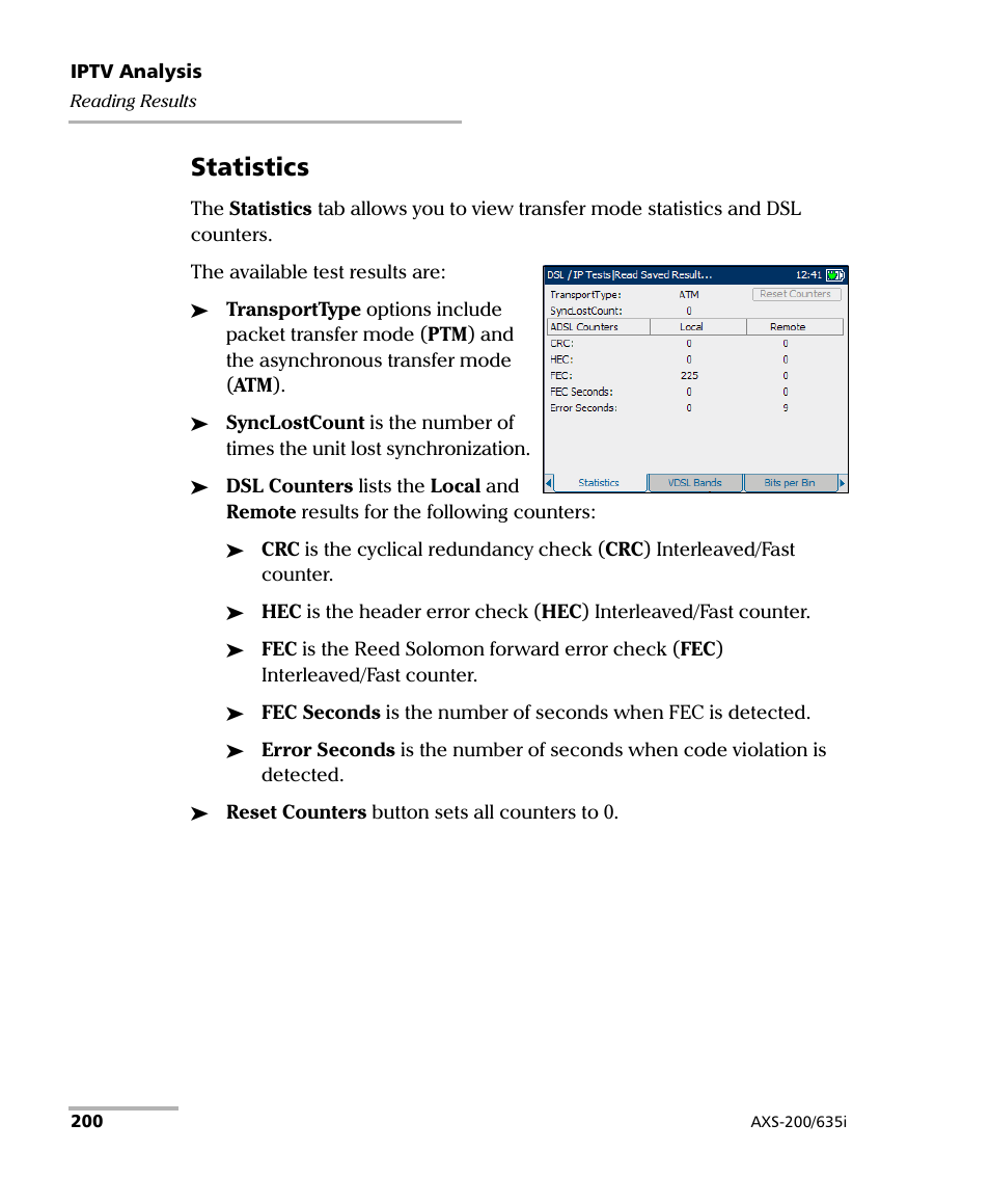 Statistics | EXFO VDSL2 User Manual | Page 208 / 275