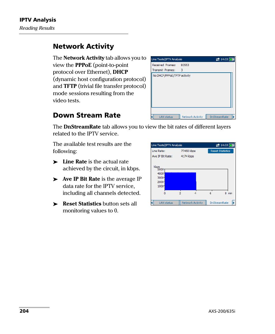 Network activity, Down stream rate | EXFO VDSL2 User Manual | Page 212 / 275