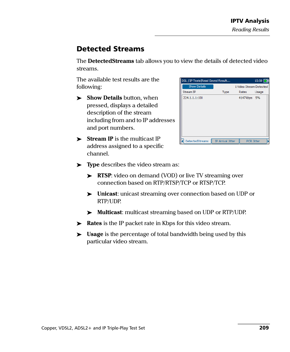 Detected streams | EXFO VDSL2 User Manual | Page 217 / 275