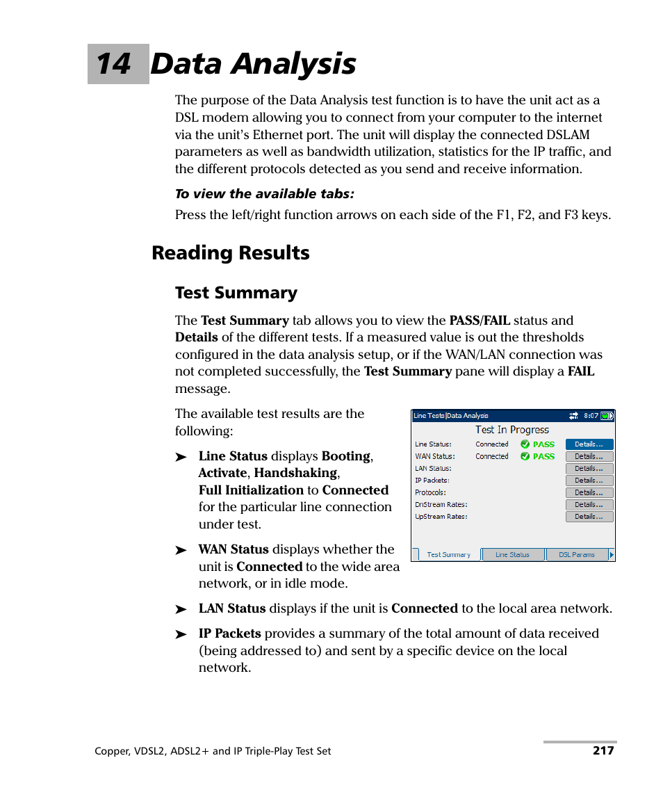 14 data analysis, Reading results, Test summary | EXFO VDSL2 User Manual | Page 225 / 275