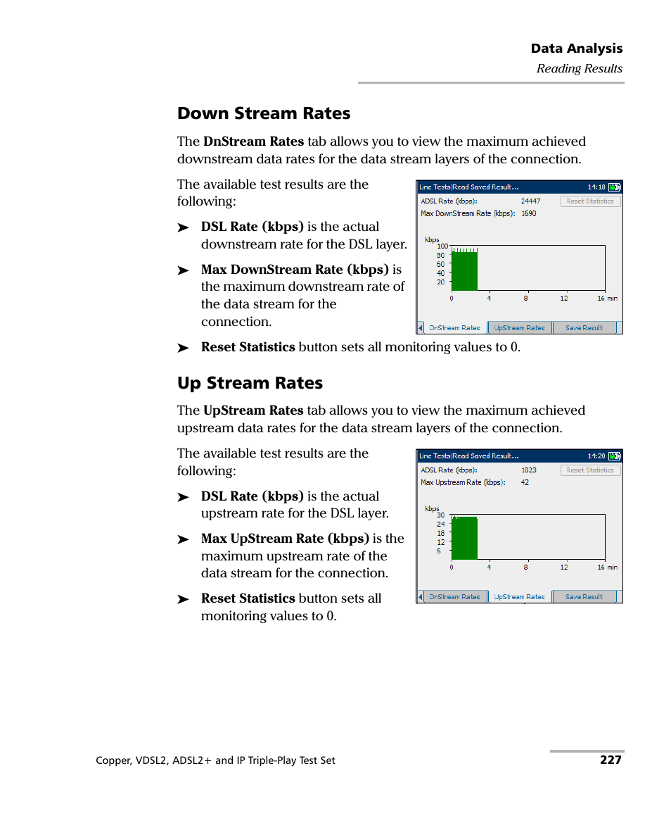 Down stream rates, Up stream rates | EXFO VDSL2 User Manual | Page 235 / 275