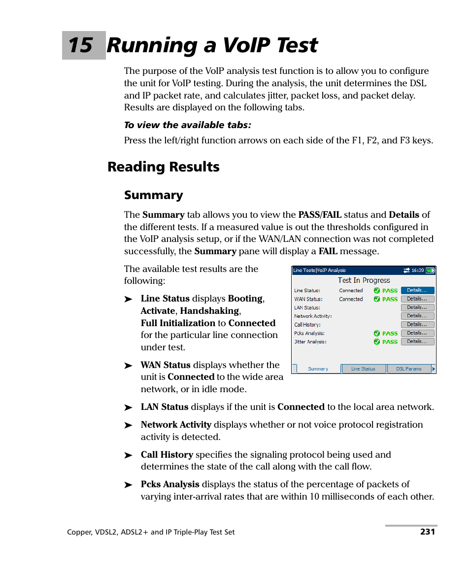 15 running a voip test, Reading results, Summary | EXFO VDSL2 User Manual | Page 239 / 275