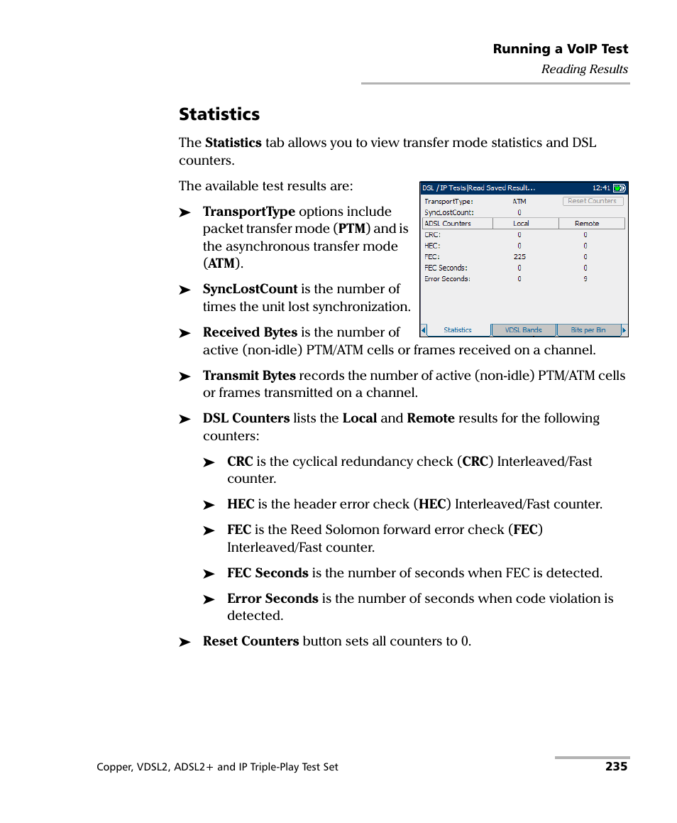 Statistics | EXFO VDSL2 User Manual | Page 243 / 275