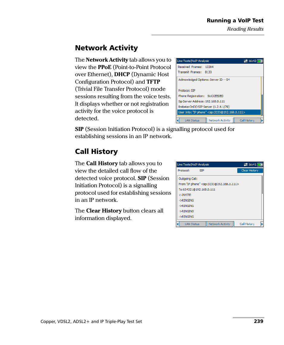 Network activity, Call history | EXFO VDSL2 User Manual | Page 247 / 275