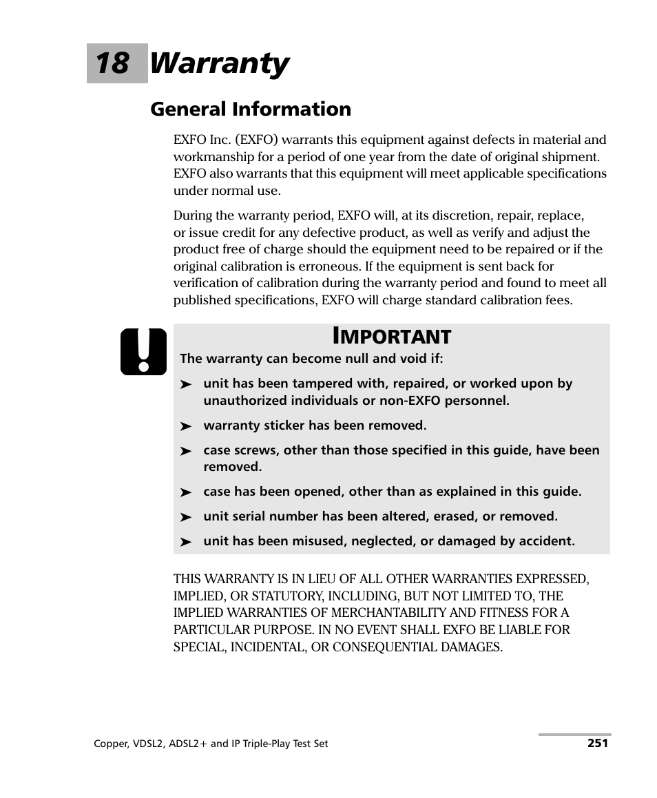 18 warranty, General information, Mportant | EXFO VDSL2 User Manual | Page 259 / 275