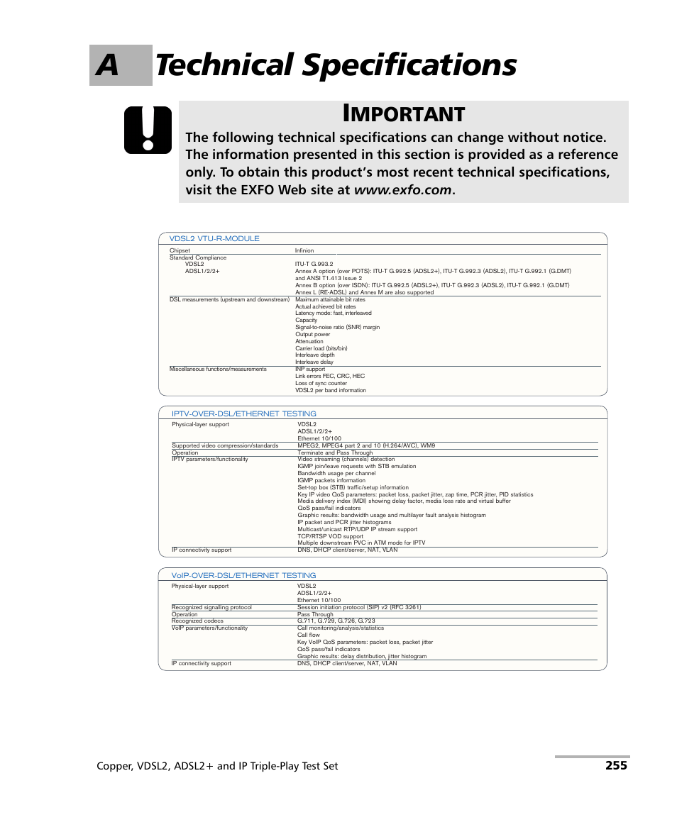 A technical specifications, Mportant, Copper, vdsl2, adsl2+ and ip triple-play test set | EXFO VDSL2 User Manual | Page 263 / 275