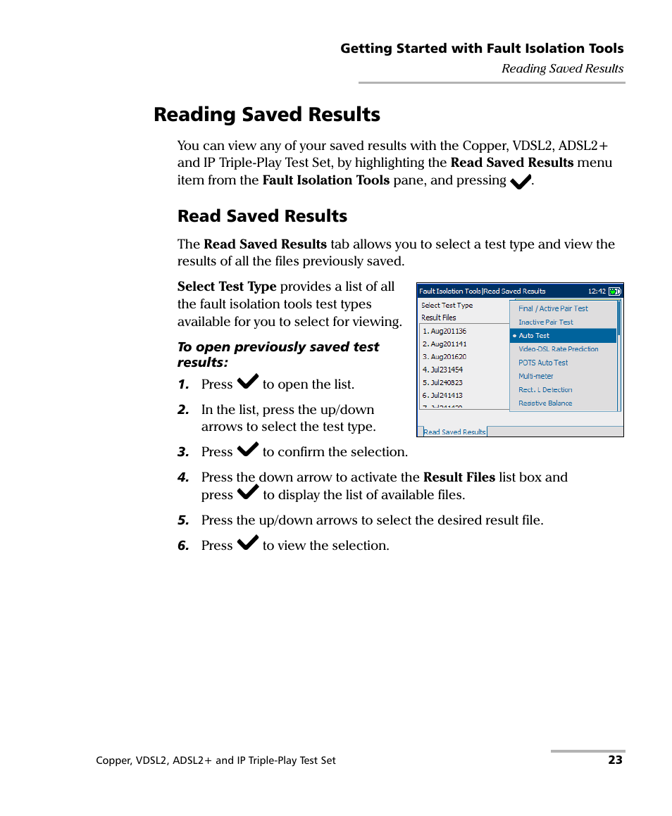 Reading saved results, Read saved results | EXFO VDSL2 User Manual | Page 31 / 275