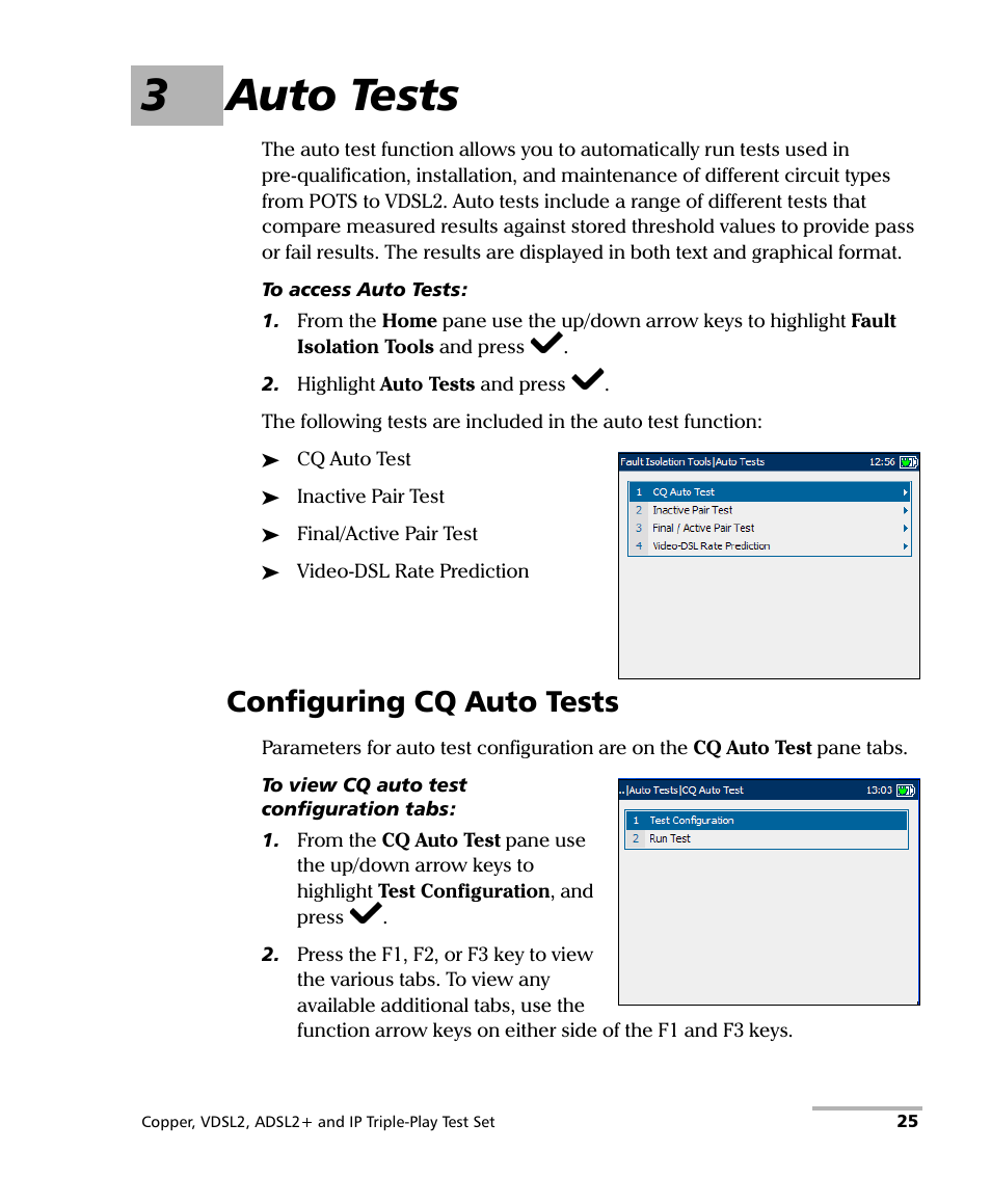 3 auto tests, Configuring cq auto tests, 3auto tests | EXFO VDSL2 User Manual | Page 33 / 275