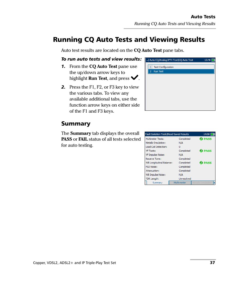 Running cq auto tests and viewing results, Summary | EXFO VDSL2 User Manual | Page 45 / 275