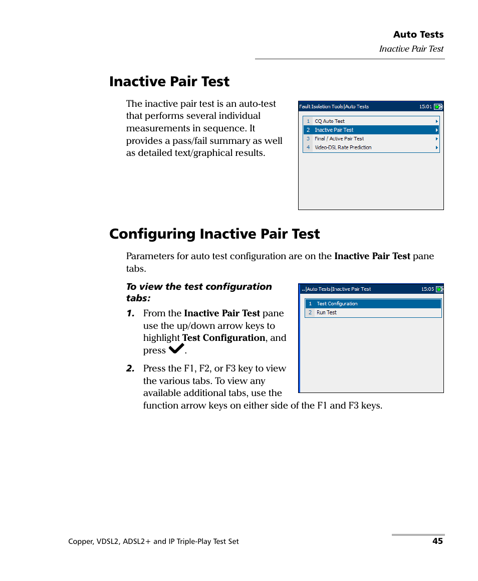 Inactive pair test, Configuring inactive pair test, Inactive pair test configuring inactive pair test | EXFO VDSL2 User Manual | Page 53 / 275