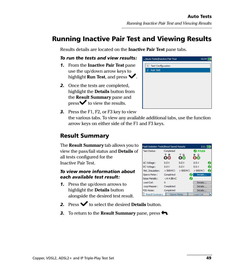 Running inactive pair test and viewing results, Result summary | EXFO VDSL2 User Manual | Page 57 / 275