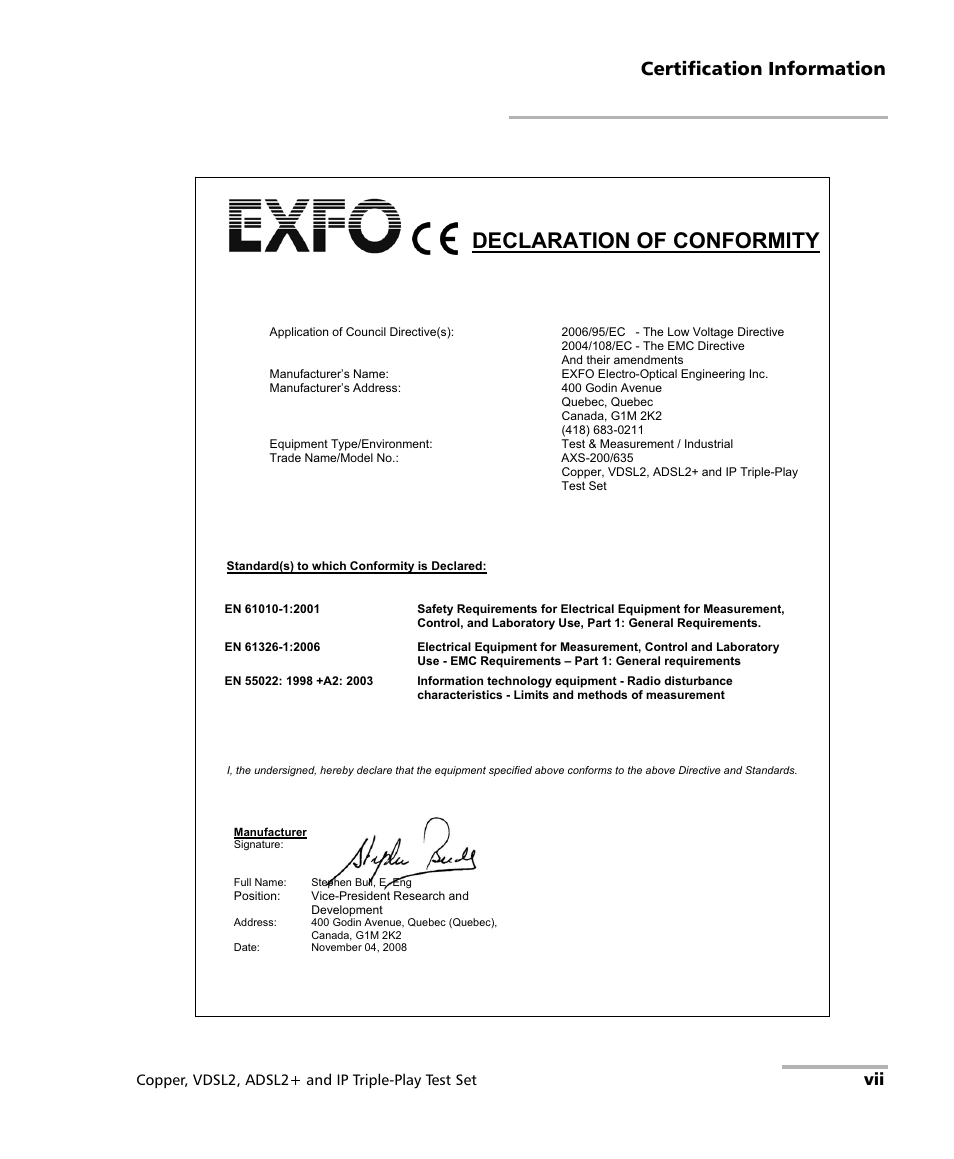 Declaration of conformity, Certification information | EXFO VDSL2 User Manual | Page 7 / 275