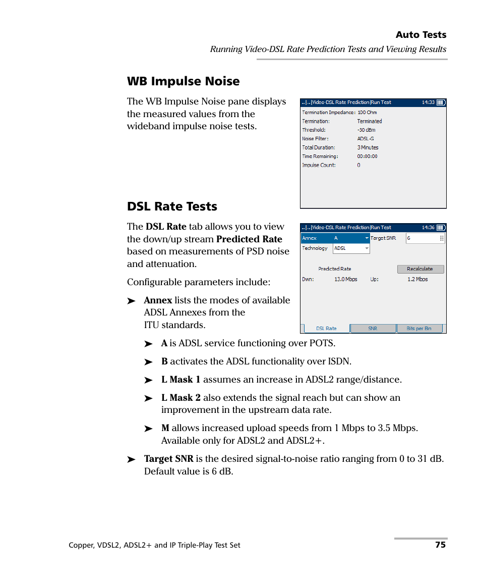 Wb impulse noise, Dsl rate tests | EXFO VDSL2 User Manual | Page 83 / 275